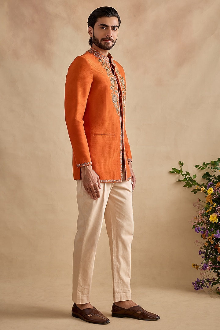 Orange Viscose Silk & Chanderi Embellished Wedding Bandhgala Set by Kalista Men at Pernia's Pop Up Shop