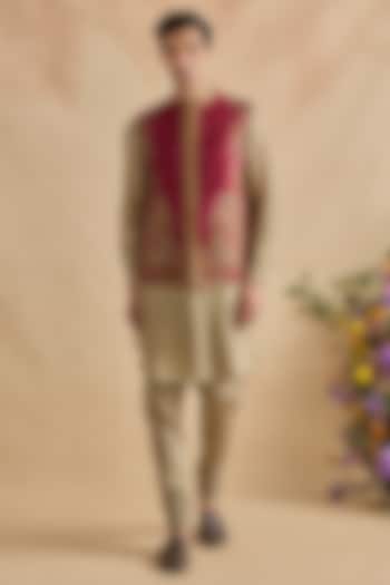 Crimson Viscose Silk & Chanderi Bundi Jacket Set by Kalista Men at Pernia's Pop Up Shop