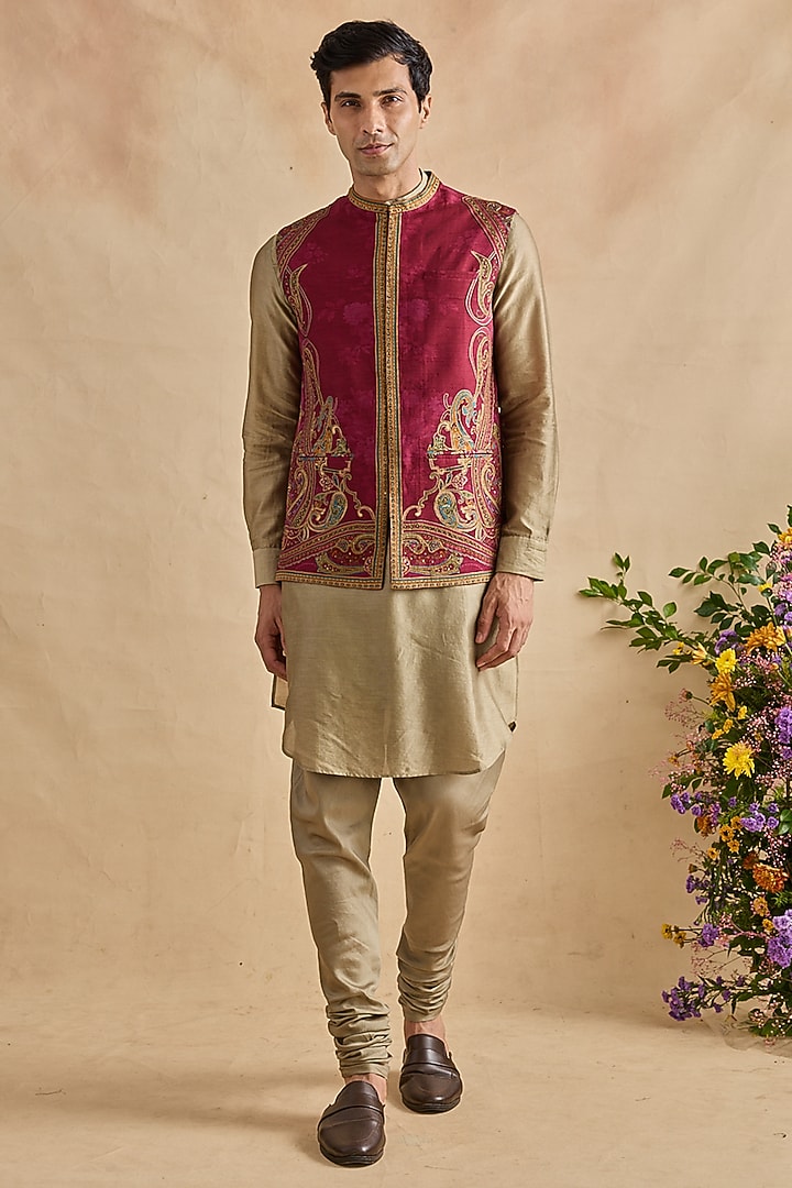 Crimson Viscose Silk & Chanderi Bundi Jacket Set by Kalista Men at Pernia's Pop Up Shop