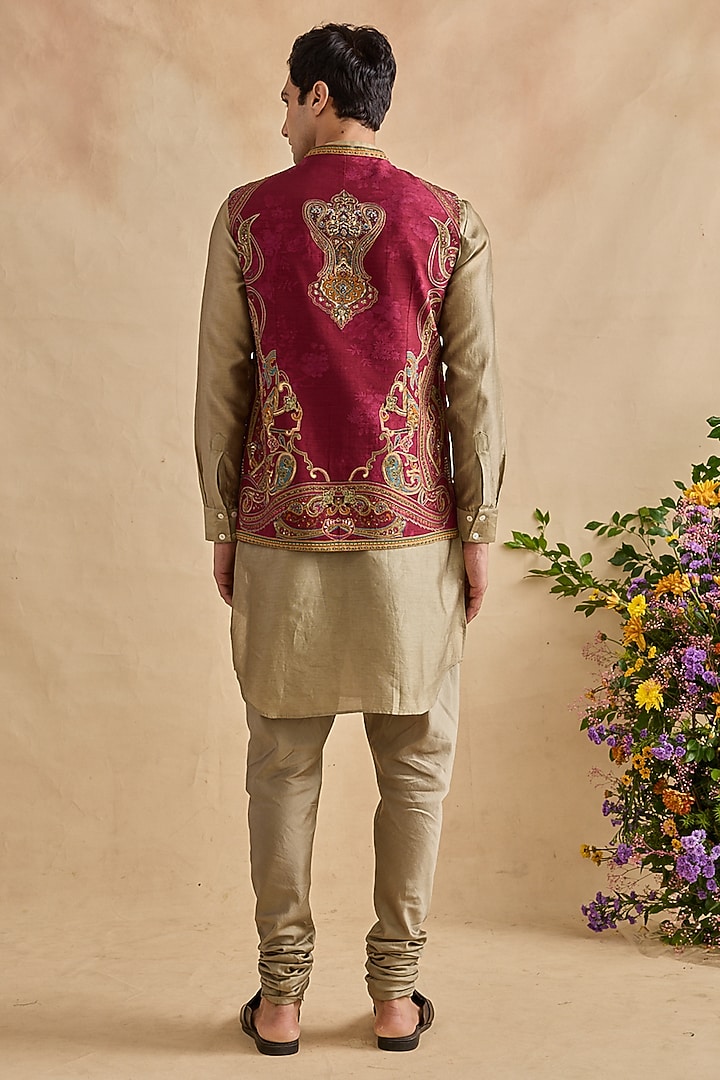 Crimson Viscose Silk & Chanderi Bundi Jacket Set by Kalista Men at Pernia's Pop Up Shop