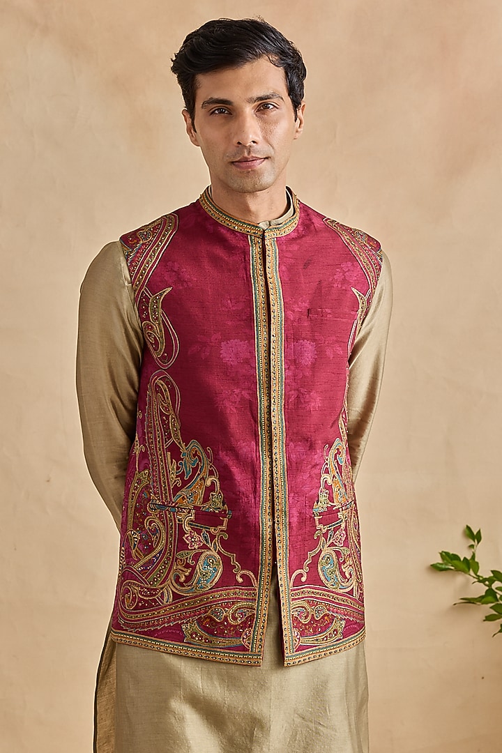 Crimson Viscose Silk & Chanderi Bundi Jacket Set by Kalista Men at Pernia's Pop Up Shop