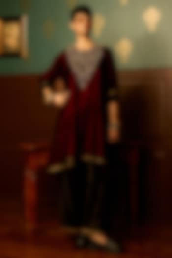 Maroon Micro Velvet Hand Embroidered A-Line Kurta Set by THE KLUB BY REETI ARNEJA at Pernia's Pop Up Shop