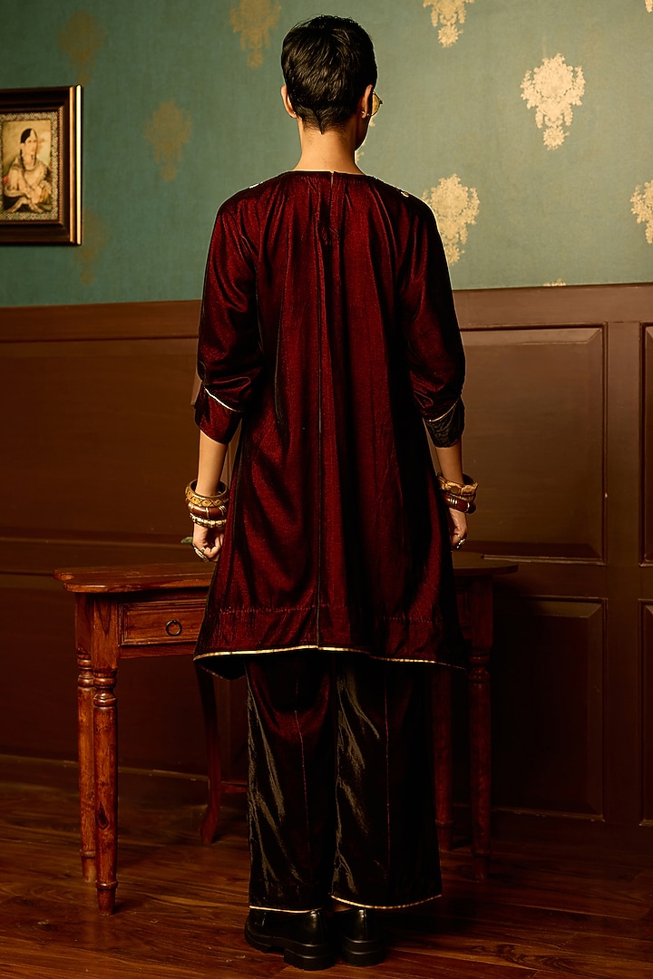 Maroon Micro Velvet Hand Embroidered A-Line Kurta Set by THE KLUB BY REETI ARNEJA at Pernia's Pop Up Shop