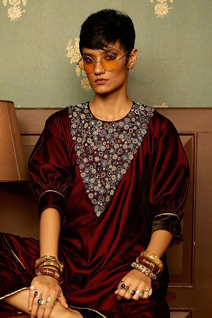 Maroon Micro Velvet Hand Embroidered A-Line Kurta Set by THE KLUB BY REETI ARNEJA at Pernia's Pop Up Shop