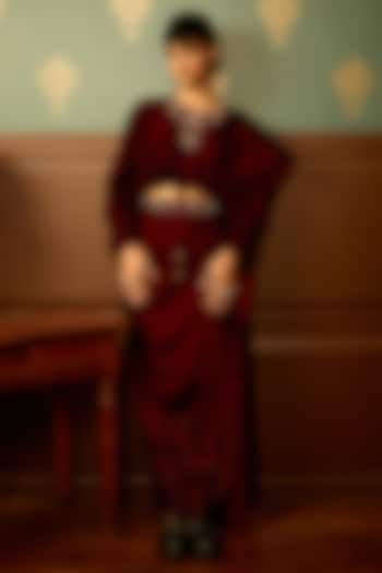 Maroon Micro Velvet Swarovski Hand Embroidered Draped Skirt Set by THE KLUB BY REETI ARNEJA at Pernia's Pop Up Shop