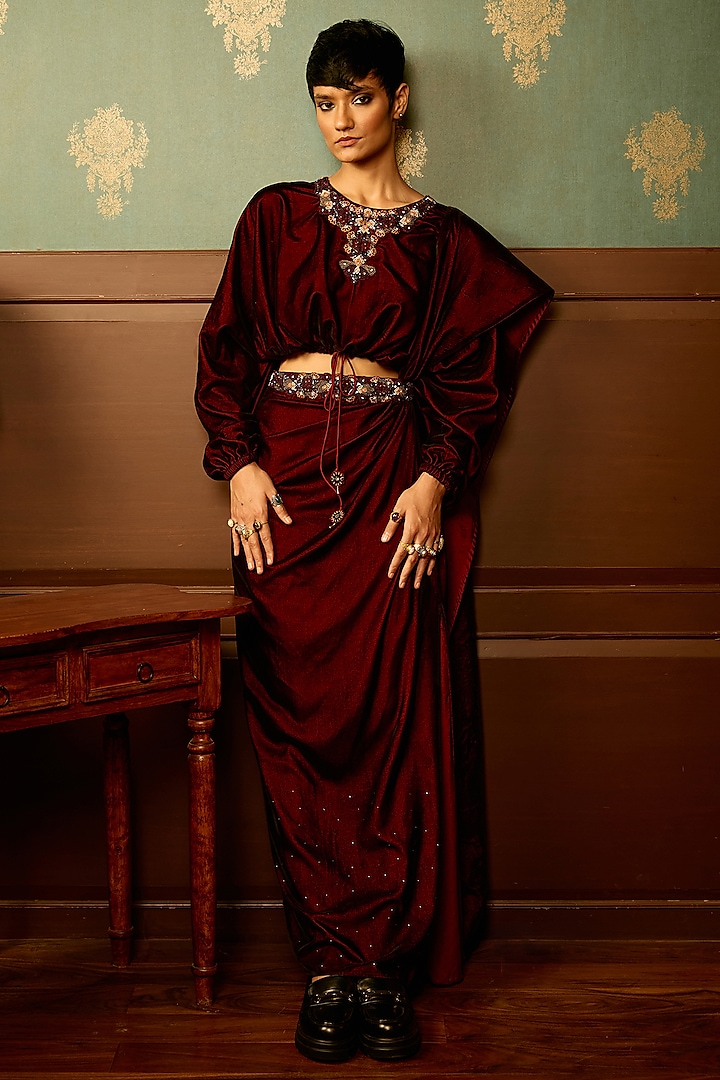 Maroon Micro Velvet Swarovski Hand Embroidered Draped Skirt Set by THE KLUB BY REETI ARNEJA at Pernia's Pop Up Shop
