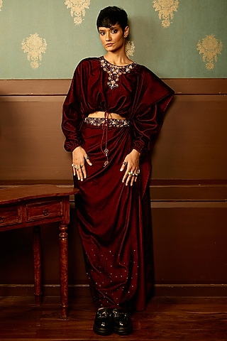 Maroon Micro Velvet Swarovski Hand Embroidered Draped Skirt Set by THE KLUB BY REETI ARNEJA