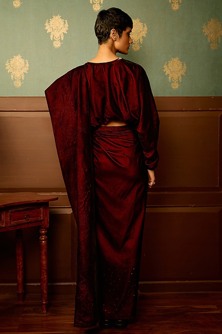 Maroon Micro Velvet Swarovski Hand Embroidered Draped Skirt Set by THE KLUB BY REETI ARNEJA at Pernia's Pop Up Shop