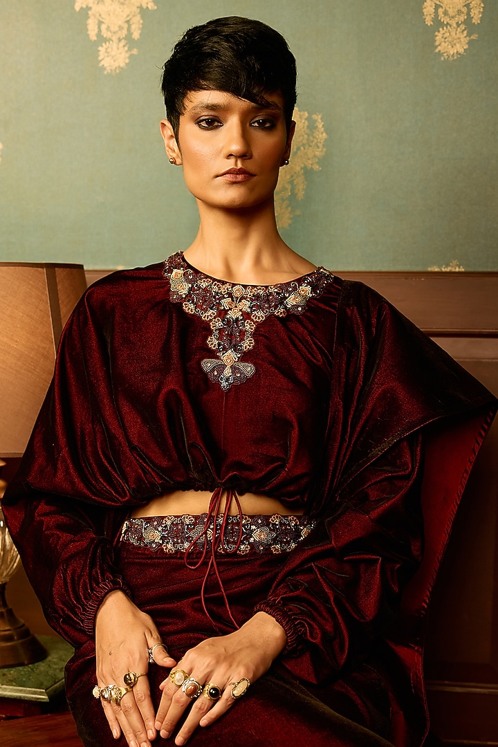 Maroon Micro Velvet Swarovski Hand Embroidered Draped Skirt Set by THE KLUB BY REETI ARNEJA at Pernia's Pop Up Shop