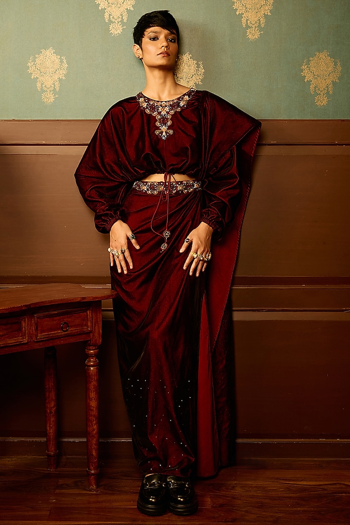 Maroon Micro Velvet Swarovski Hand Embroidered Draped Skirt Set by THE KLUB BY REETI ARNEJA at Pernia's Pop Up Shop