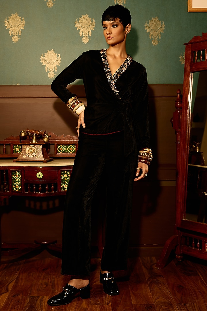 Black Micro Velvet Bead Embroidered Jumpsuit by THE KLUB BY REETI ARNEJA at Pernia's Pop Up Shop