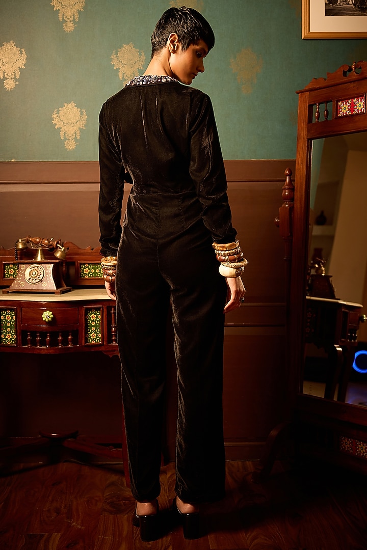 Black Micro Velvet Bead Embroidered Jumpsuit by THE KLUB BY REETI ARNEJA at Pernia's Pop Up Shop