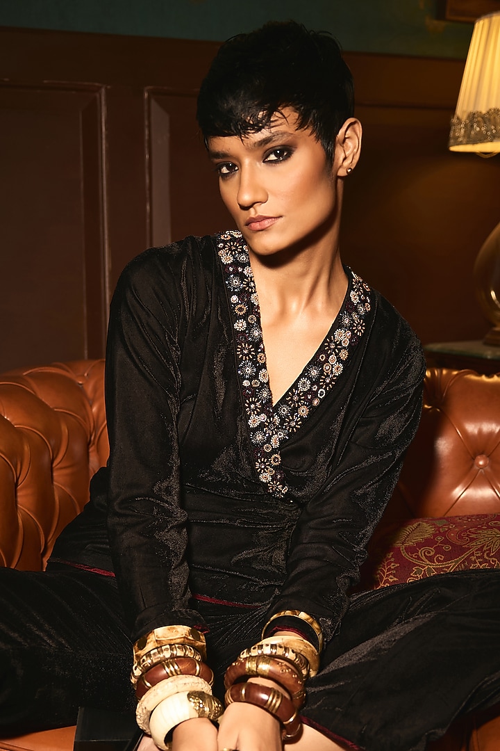 Black Micro Velvet Bead Embroidered Jumpsuit by THE KLUB BY REETI ARNEJA at Pernia's Pop Up Shop