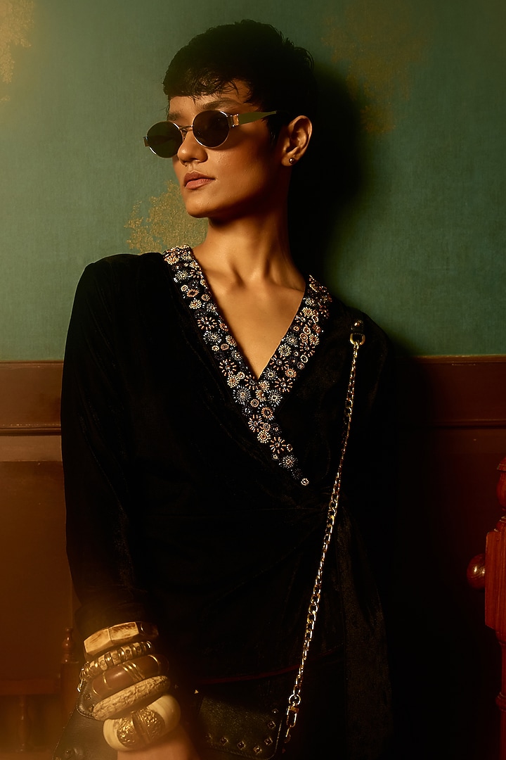 Black Micro Velvet Bead Embroidered Jumpsuit by THE KLUB BY REETI ARNEJA at Pernia's Pop Up Shop