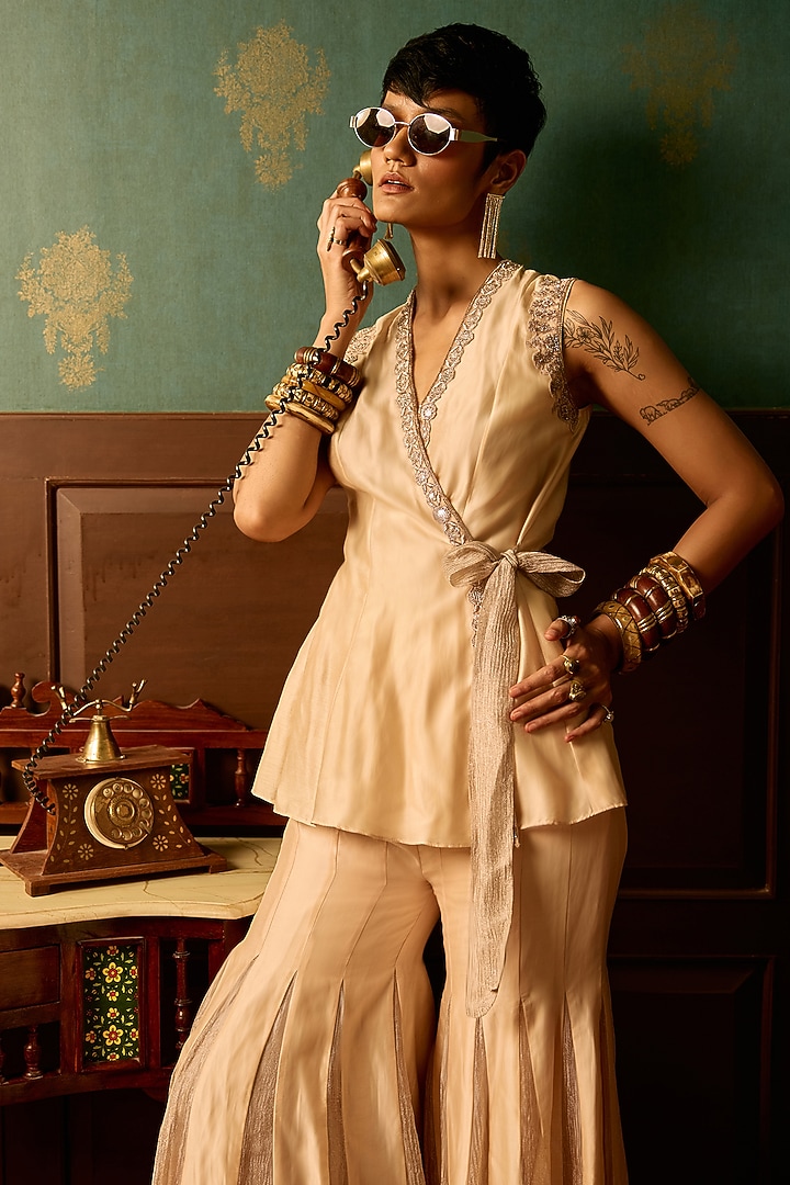 Baby Pink Silk Chanderi Embroidered Flared Gharara Set by THE KLUB BY REETI ARNEJA at Pernia's Pop Up Shop