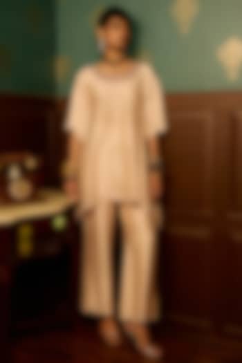 Baby Pink Silk Chanderi Embroidered Kaftan kurta Set by THE KLUB BY REETI ARNEJA at Pernia's Pop Up Shop