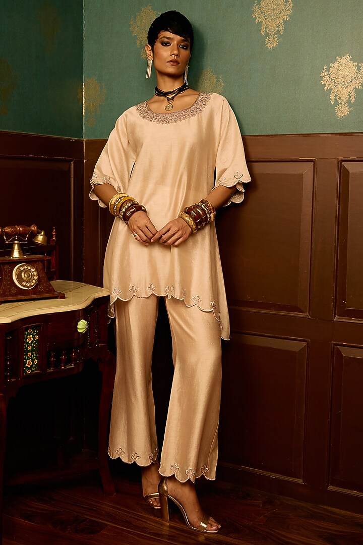 Baby Pink Silk Chanderi Embroidered Kaftan kurta Set by THE KLUB BY REETI ARNEJA at Pernia's Pop Up Shop