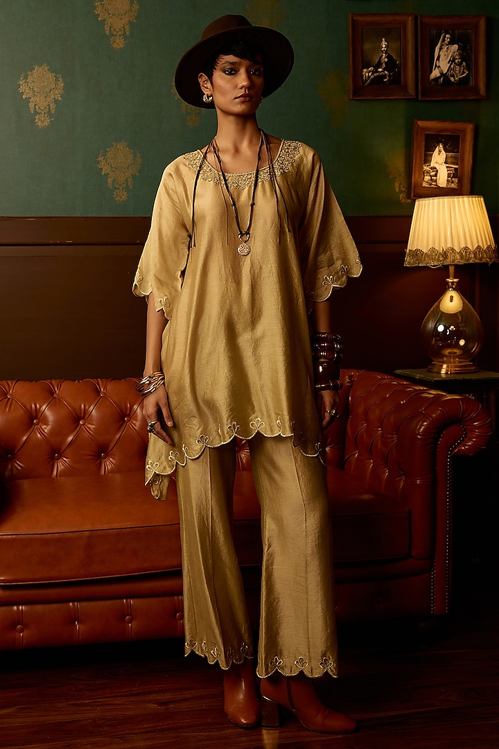 Pastel Sage Silk Chanderi Embroidered Kaftan Kurta Set by THE KLUB BY REETI ARNEJA at Pernia's Pop Up Shop