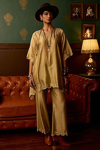 Pastel Sage Silk Chanderi Embroidered Kaftan Kurta Set by THE KLUB BY REETI ARNEJA