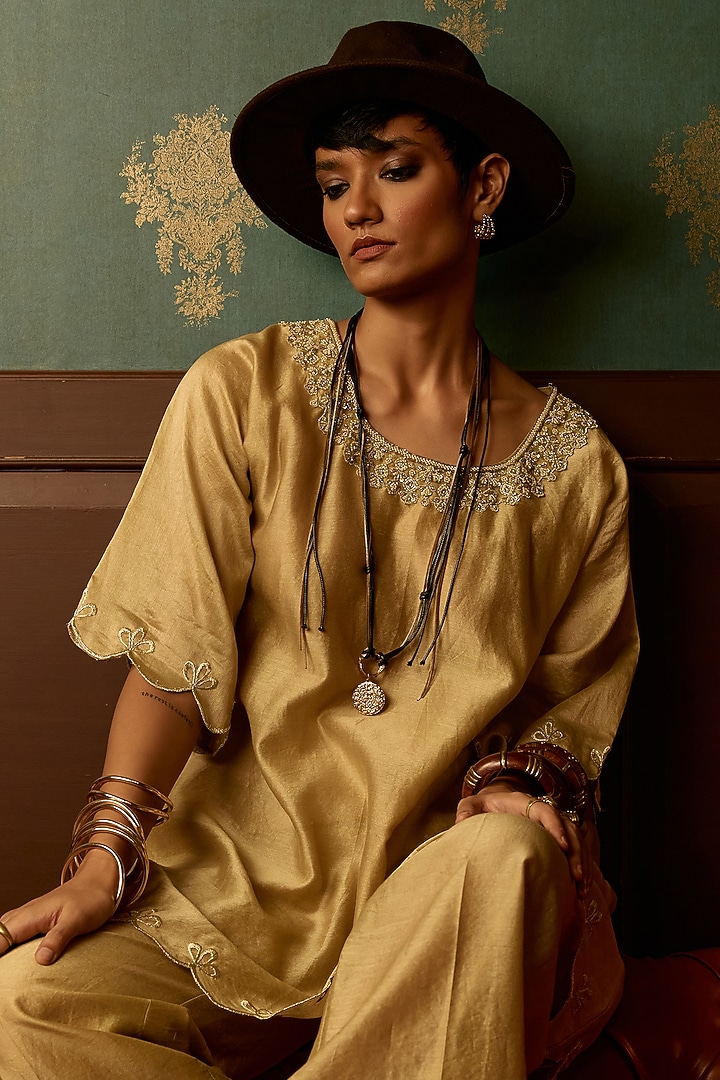 Pastel Sage Silk Chanderi Embroidered Kaftan Kurta Set by THE KLUB BY REETI ARNEJA at Pernia's Pop Up Shop