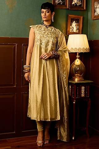 Pastel Sage Silk Chanderi Resham Thread Embroidered Anarkali Set by THE KLUB BY REETI ARNEJA