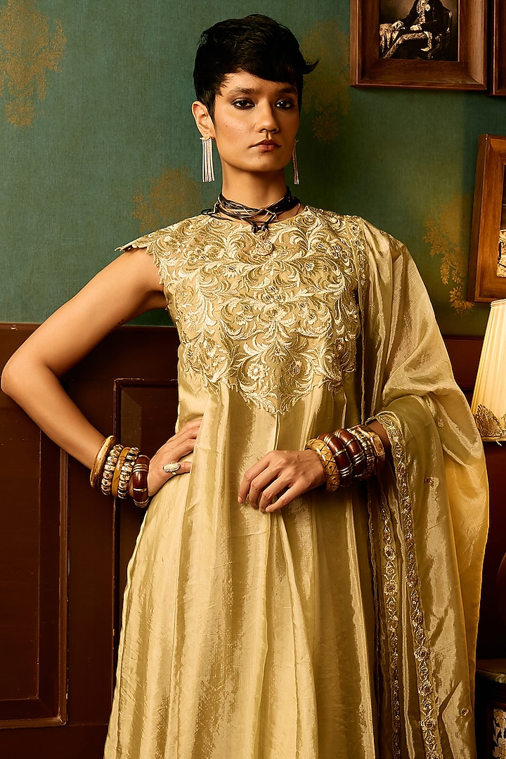 Pastel Sage Silk Chanderi Resham Thread Embroidered Party Wear Anarkali Set by THE KLUB BY REETI ARNEJA at Pernia's Pop Up Shop
