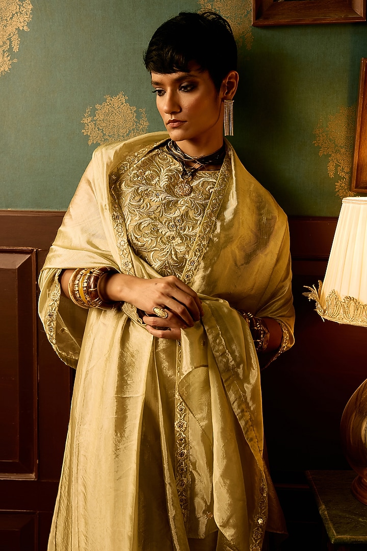 Pastel Sage Silk Chanderi Resham Thread Embroidered Party Wear Anarkali Set by THE KLUB BY REETI ARNEJA at Pernia's Pop Up Shop