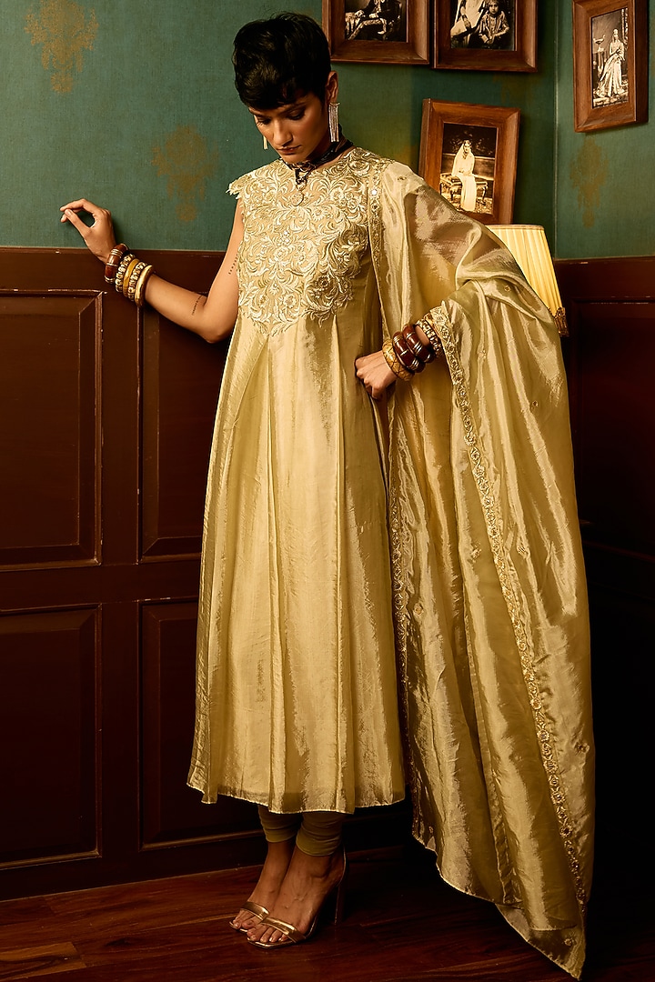 Pastel Sage Silk Chanderi Resham Thread Embroidered Party Wear Anarkali Set by THE KLUB BY REETI ARNEJA at Pernia's Pop Up Shop