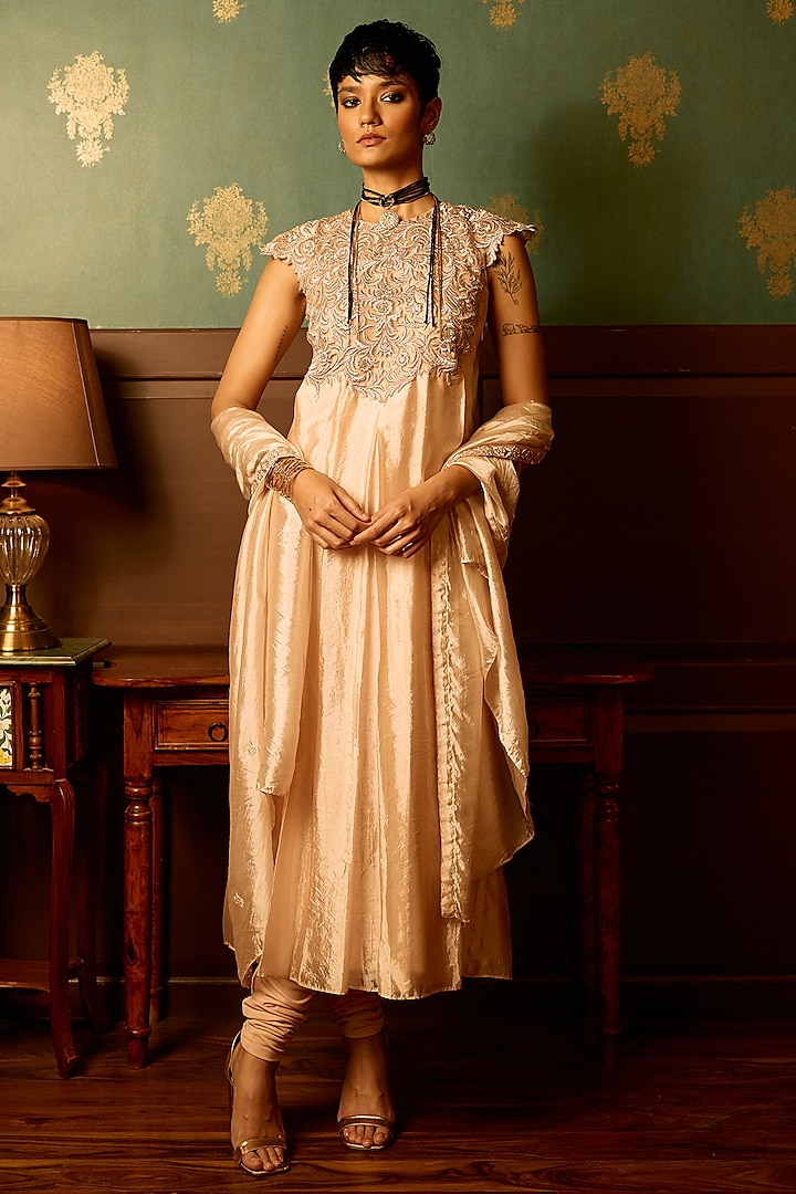 Baby Pink Silk Chanderi Resham Thread Embroidered Party Wear Anarkali Set by THE KLUB BY REETI ARNEJA at Pernia's Pop Up Shop