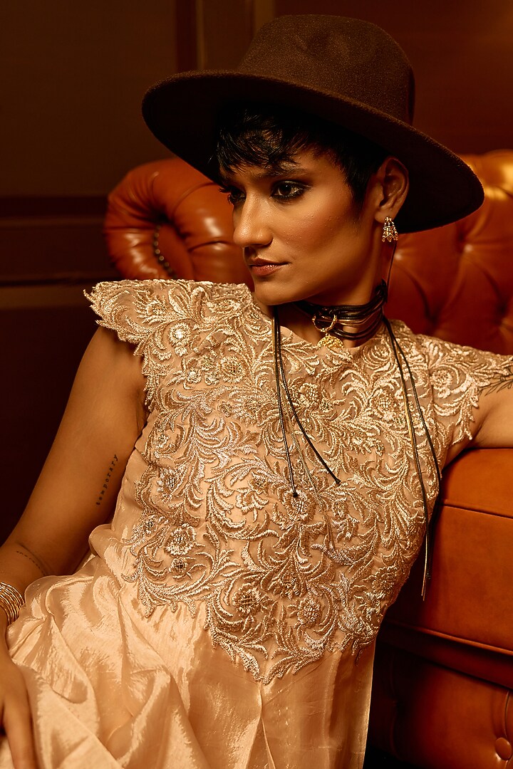 Baby Pink Silk Chanderi Resham Thread Embroidered Party Wear Anarkali Set by THE KLUB BY REETI ARNEJA at Pernia's Pop Up Shop
