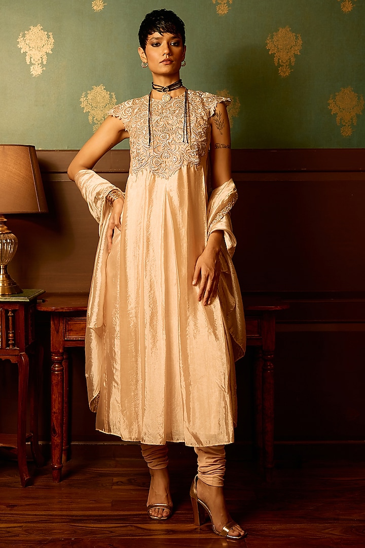 Baby Pink Silk Chanderi Resham Thread Embroidered Party Wear Anarkali Set by THE KLUB BY REETI ARNEJA at Pernia's Pop Up Shop
