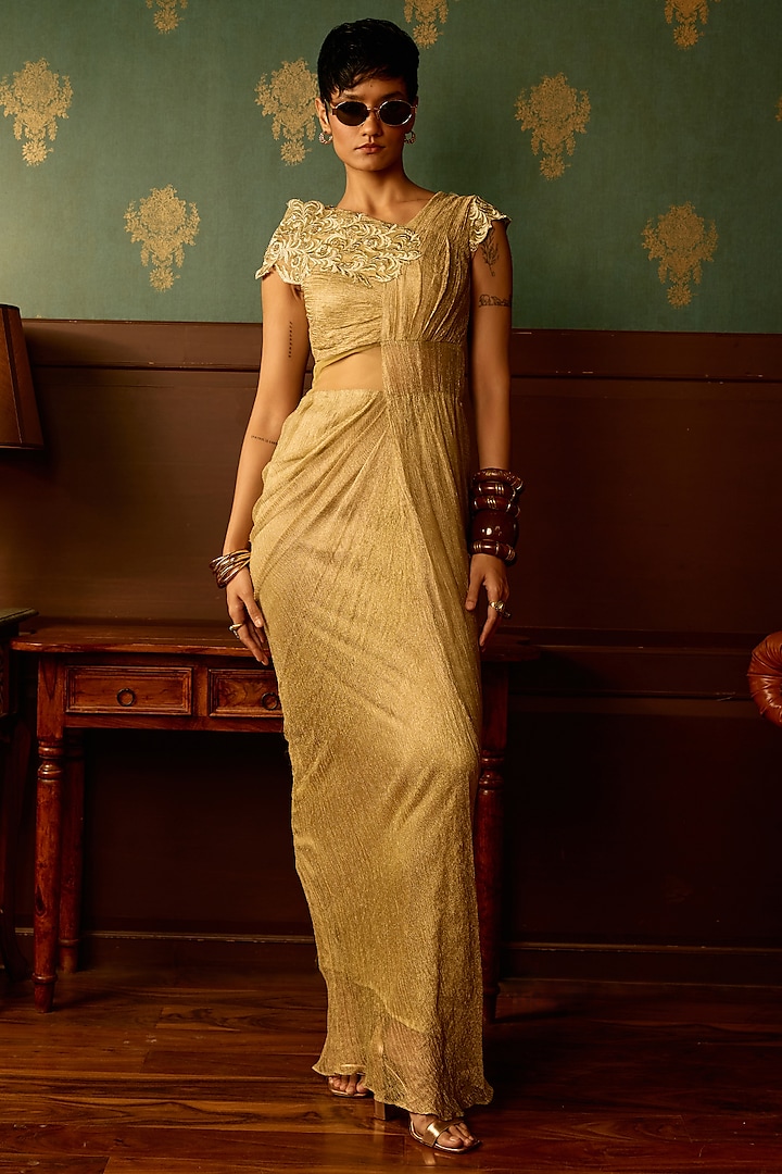 Pastel Sage Crinkle Tissue Zari Embroidered Draped Party Wear Gown by THE KLUB BY REETI ARNEJA at Pernia's Pop Up Shop