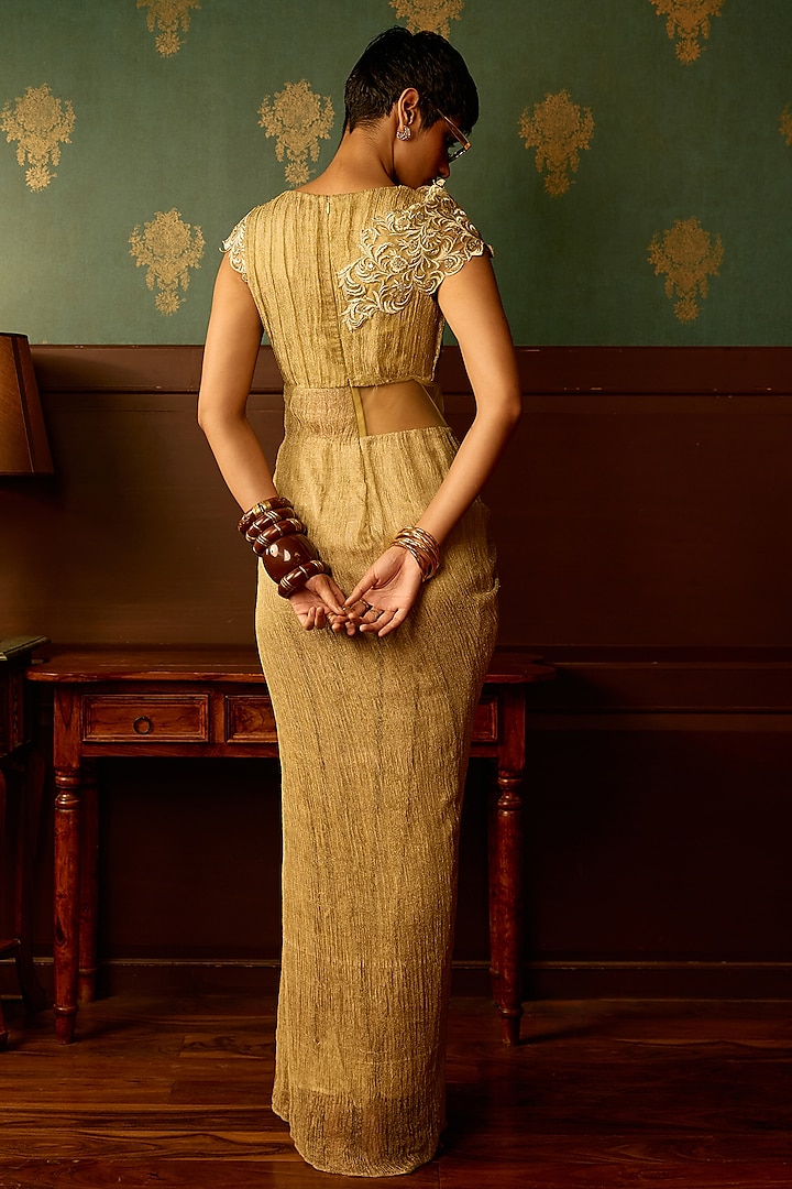 Pastel Sage Crinkle Tissue Zari Embroidered Draped Party Wear Gown by THE KLUB BY REETI ARNEJA at Pernia's Pop Up Shop