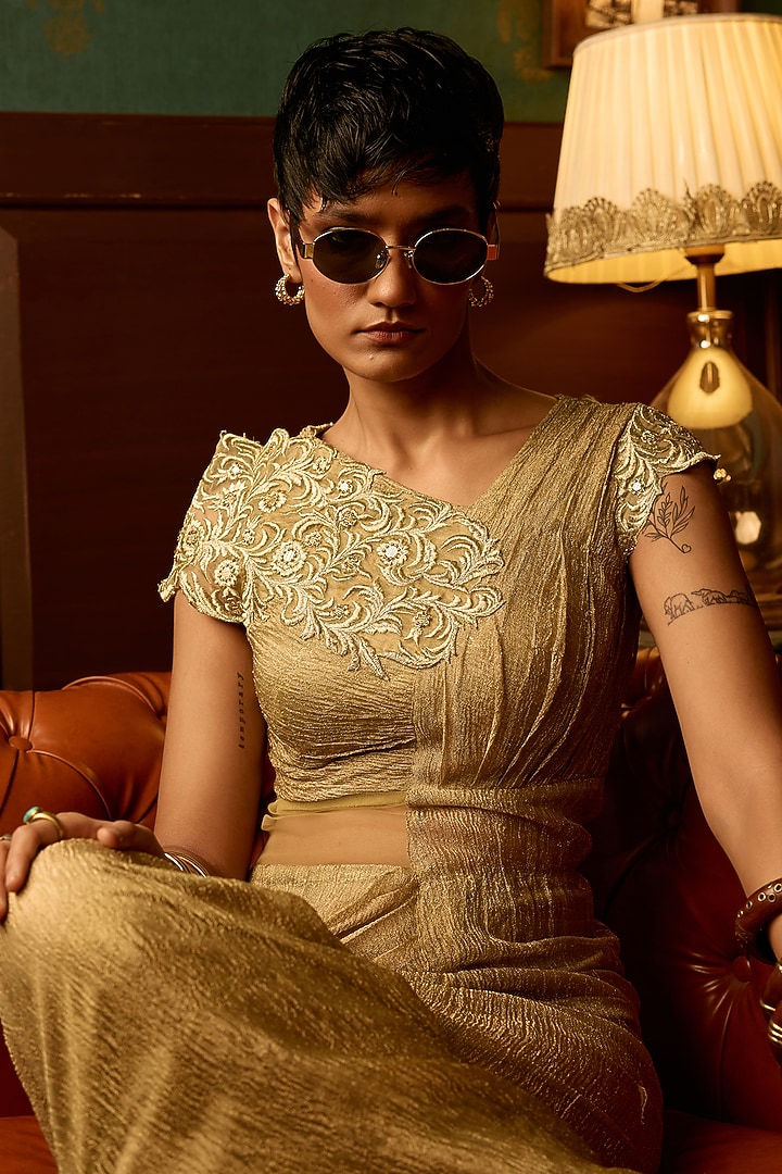 Pastel Sage Crinkle Tissue Zari Embroidered Draped Party Wear Gown by THE KLUB BY REETI ARNEJA at Pernia's Pop Up Shop