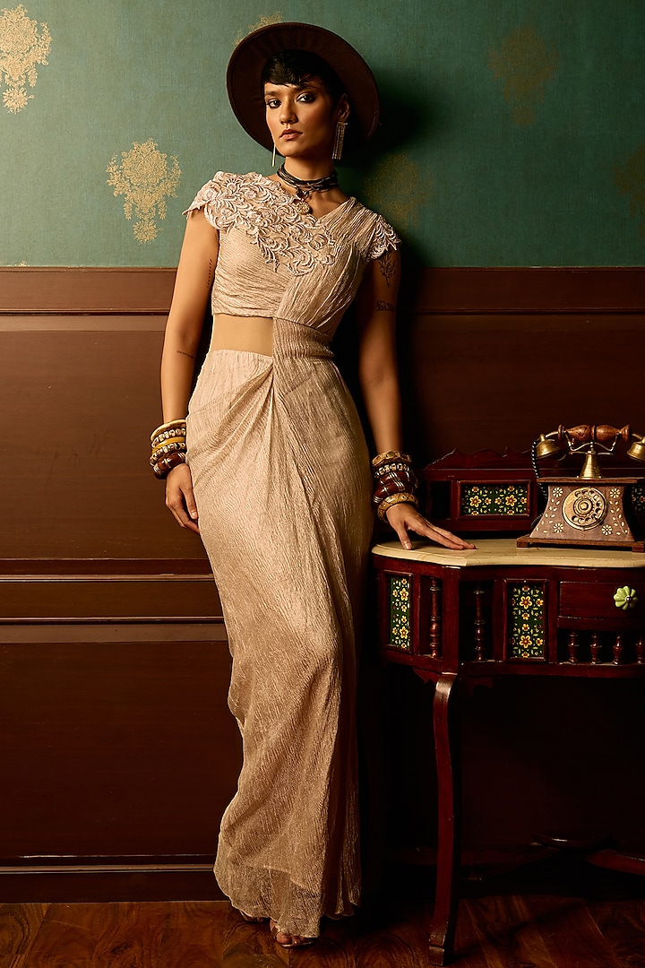 Baby Pink Crinkle Tissue Zari Embroidered Draped Party Wear Gown by THE KLUB BY REETI ARNEJA at Pernia's Pop Up Shop