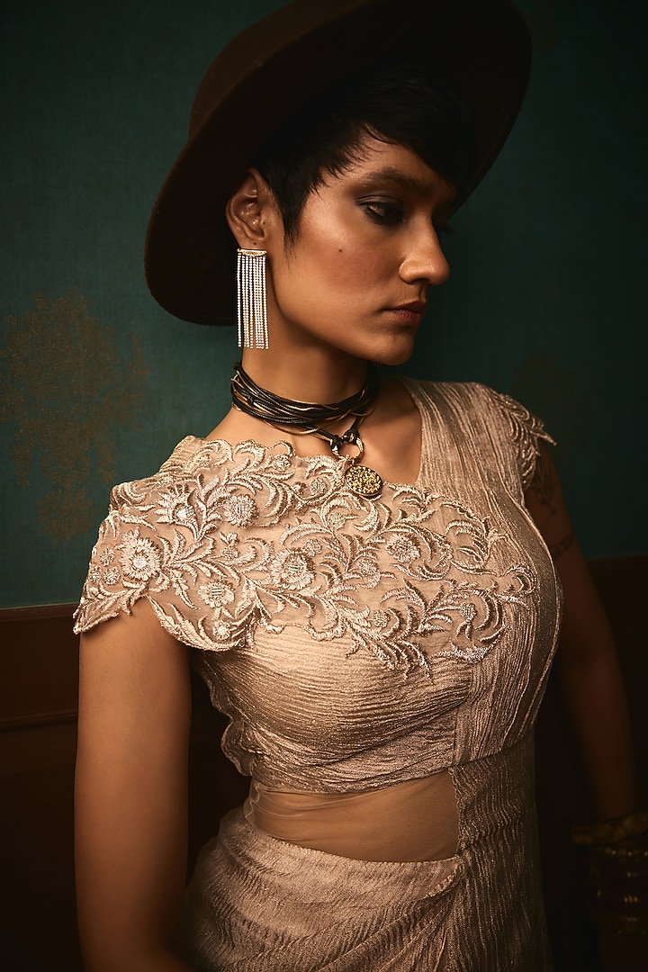 Baby Pink Crinkle Tissue Zari Embroidered Draped Party Wear Gown by THE KLUB BY REETI ARNEJA at Pernia's Pop Up Shop