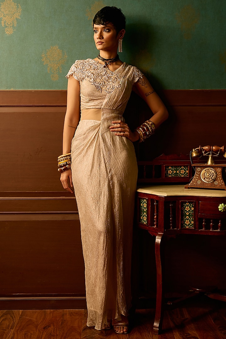 Baby Pink Crinkle Tissue Zari Embroidered Draped Party Wear Gown by THE KLUB BY REETI ARNEJA at Pernia's Pop Up Shop