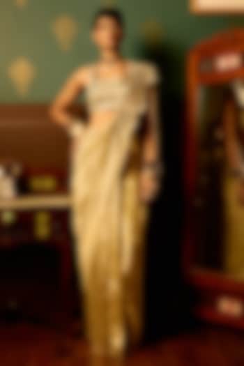 Pastel Sage Flat Tissue Zari Embroidered Draped Party Wear Saree Set by THE KLUB BY REETI ARNEJA at Pernia's Pop Up Shop