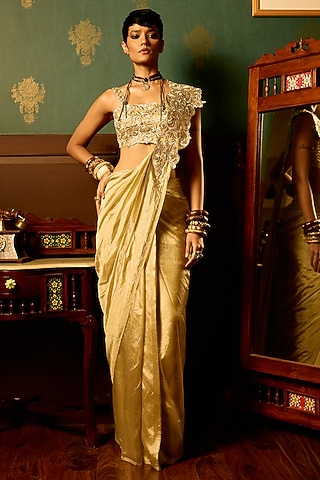 Pastel Sage Flat Tissue Zari Embroidered Draped Saree Set by THE KLUB BY REETI ARNEJA