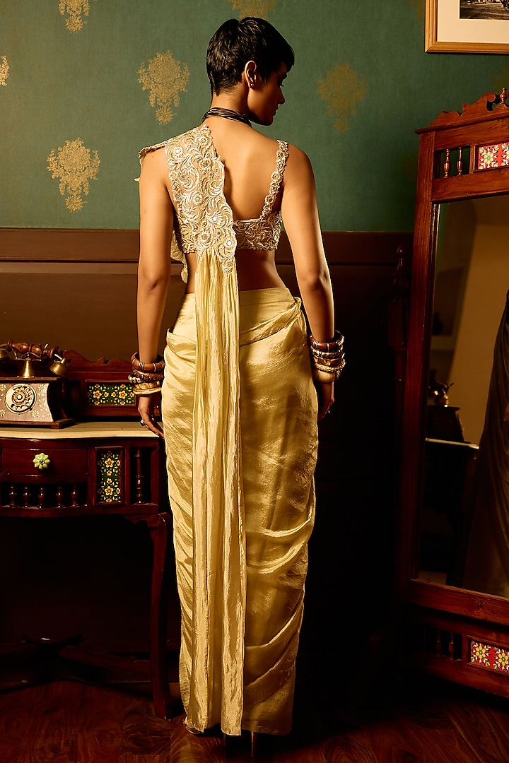 Pastel Sage Flat Tissue Zari Embroidered Draped Wedding Saree Set by THE KLUB BY REETI ARNEJA at Pernia's Pop Up Shop
