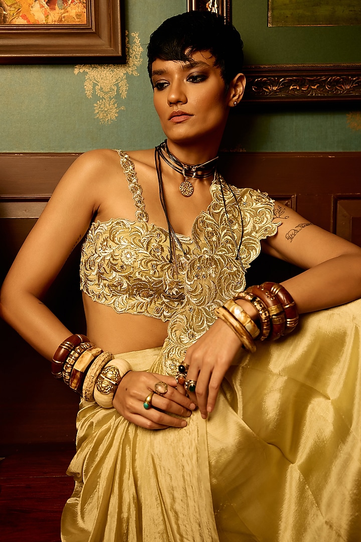 Pastel Sage Flat Tissue Zari Embroidered Draped Wedding Saree Set by THE KLUB BY REETI ARNEJA at Pernia's Pop Up Shop