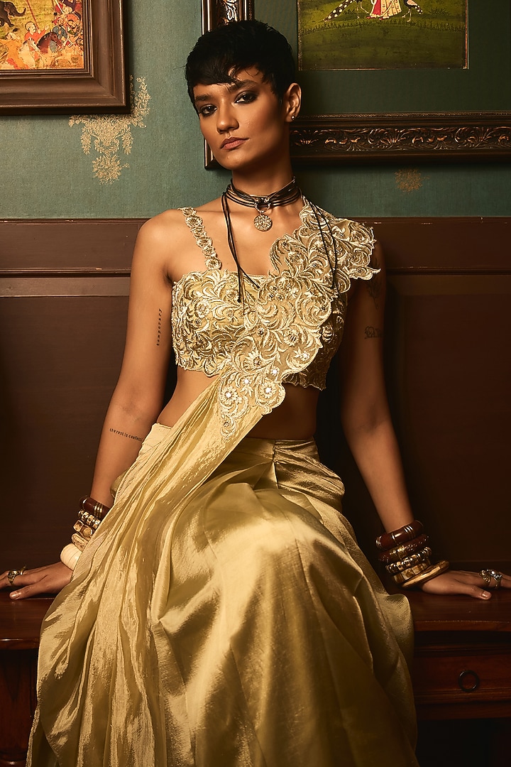 Pastel Sage Flat Tissue Zari Embroidered Draped Wedding Saree Set by THE KLUB BY REETI ARNEJA at Pernia's Pop Up Shop
