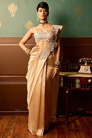 Baby Pink Flat Tissue Zari Embroidered Draped Saree Set by THE KLUB BY REETI ARNEJA