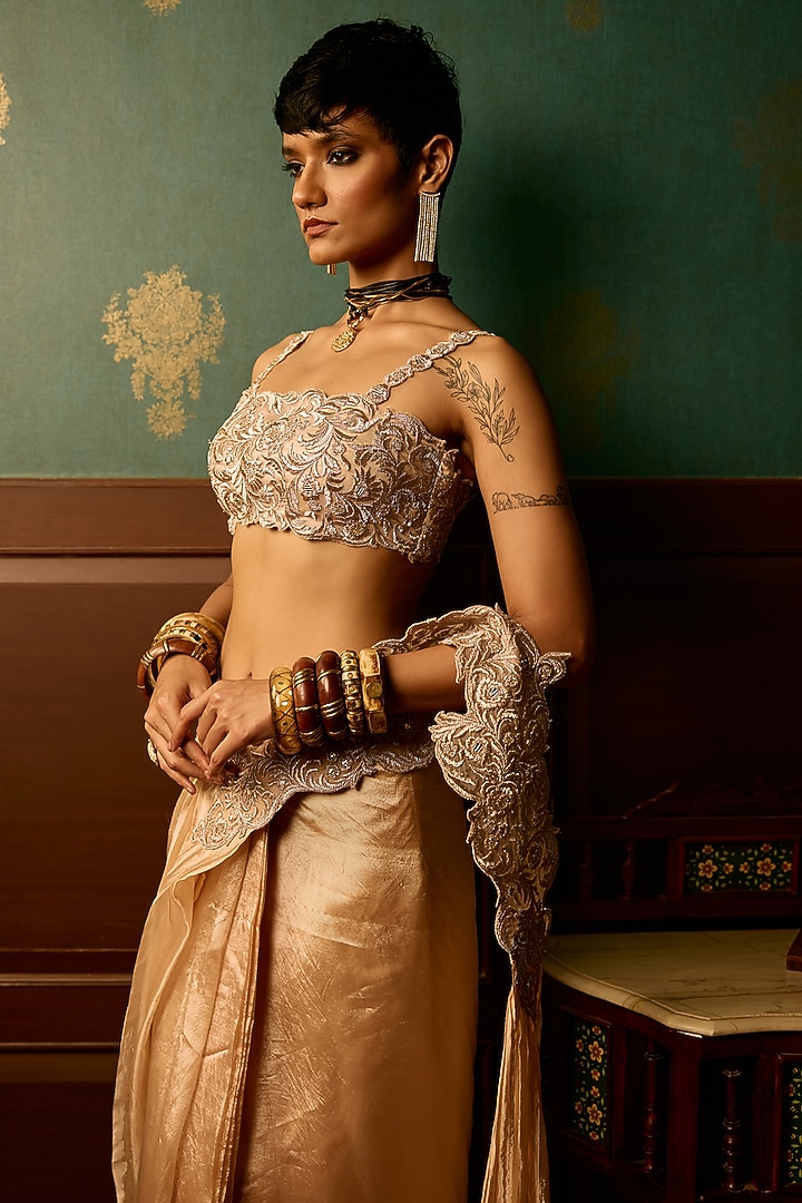 Baby Pink Flat Tissue Zari Embroidered Draped Wedding Saree Set by THE KLUB BY REETI ARNEJA at Pernia's Pop Up Shop