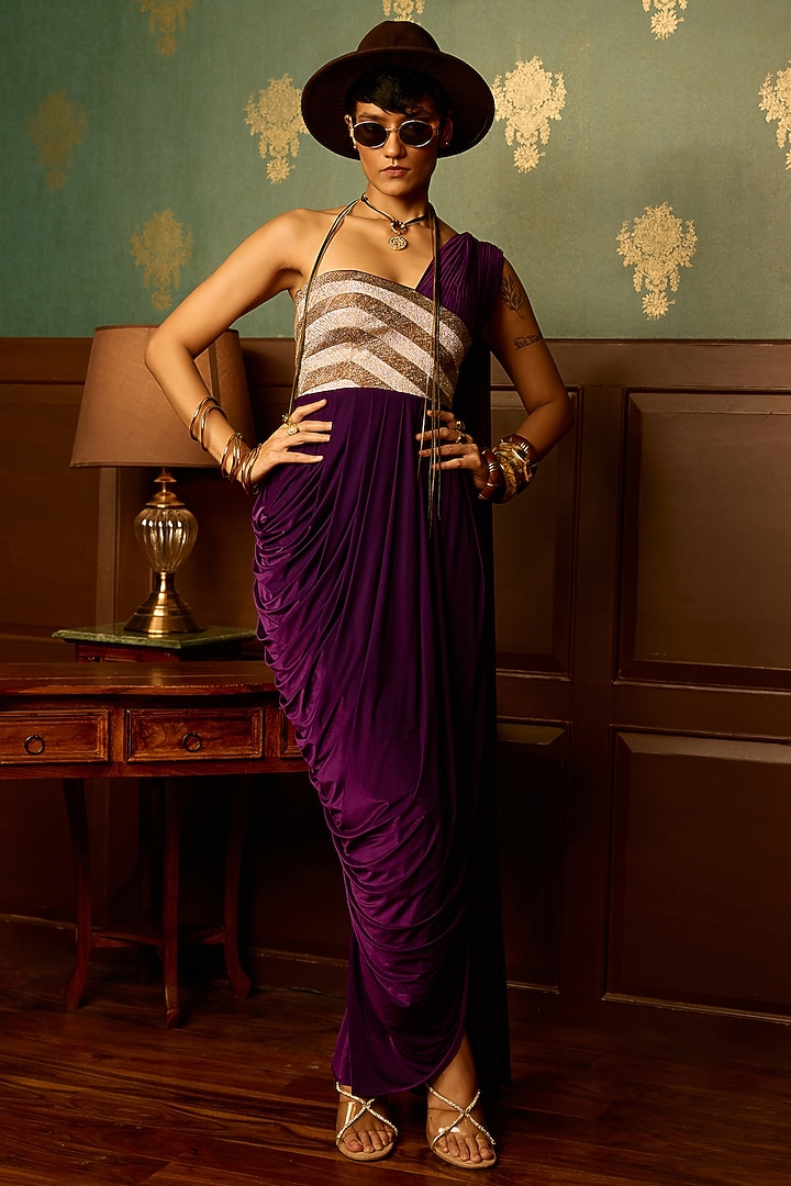 Wine Purple Lycra One-Shoulder Draped Party Wear Gown by THE KLUB BY REETI ARNEJA at Pernia's Pop Up Shop