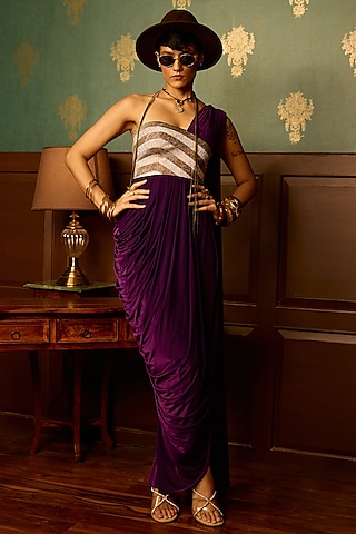 Wine Purple Lycra One-Shoulder Draped Gown by THE KLUB BY REETI ARNEJA