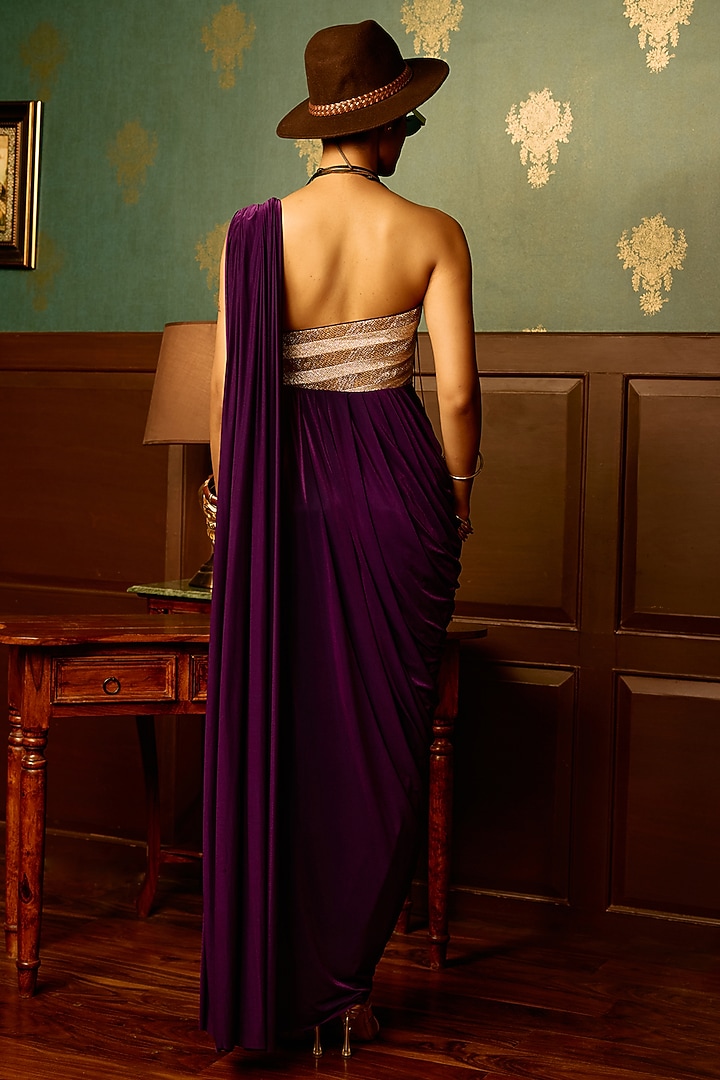 Wine Purple Lycra One-Shoulder Draped Party Wear Gown by THE KLUB BY REETI ARNEJA at Pernia's Pop Up Shop