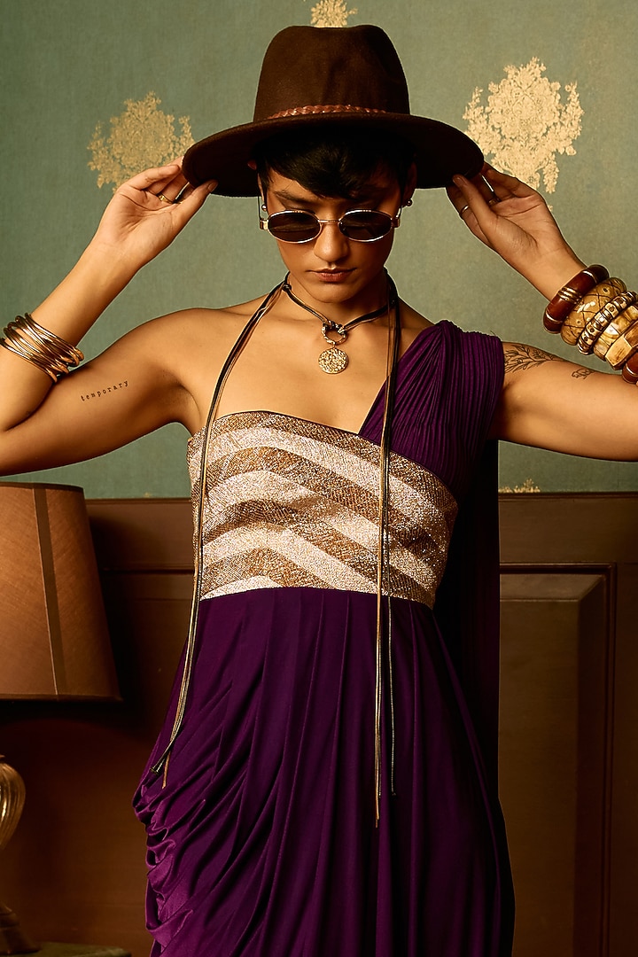 Wine Purple Lycra One-Shoulder Draped Party Wear Gown by THE KLUB BY REETI ARNEJA at Pernia's Pop Up Shop