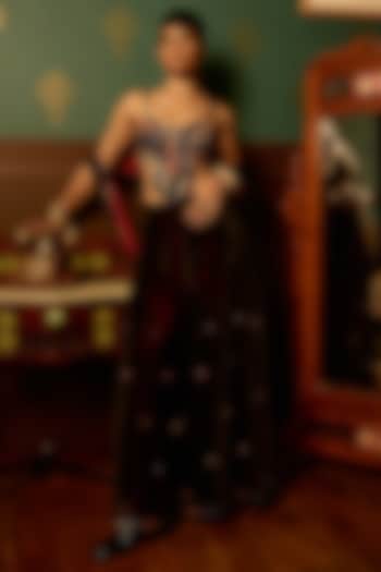 Black Micro Velvet Boota Work Draped Wedding Saree Set by THE KLUB BY REETI ARNEJA at Pernia's Pop Up Shop