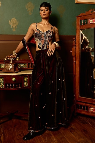 Black Micro Velvet Boota Work Draped Saree Set by THE KLUB BY REETI ARNEJA